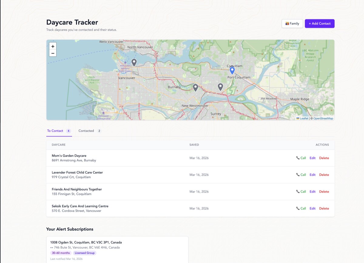 Screenshot of Wee Queue's daycare contact tracker showing a map with contacted daycares, status tabs, and a table of tracked contacts with quick actions
